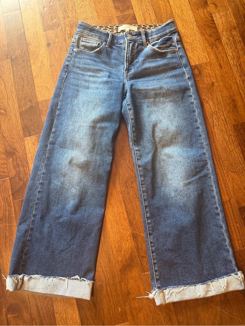 Risen Mid Rise Dark Wash Tummy Control Elastic Waistband Cropped Wide Leg Jeans